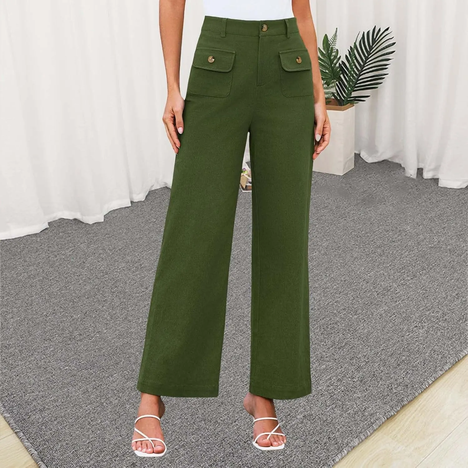 Women High Waist Wide Leg Pants Stretchy Solid Color Tummy Control Trousers Business Work Casual Pants with Pockets