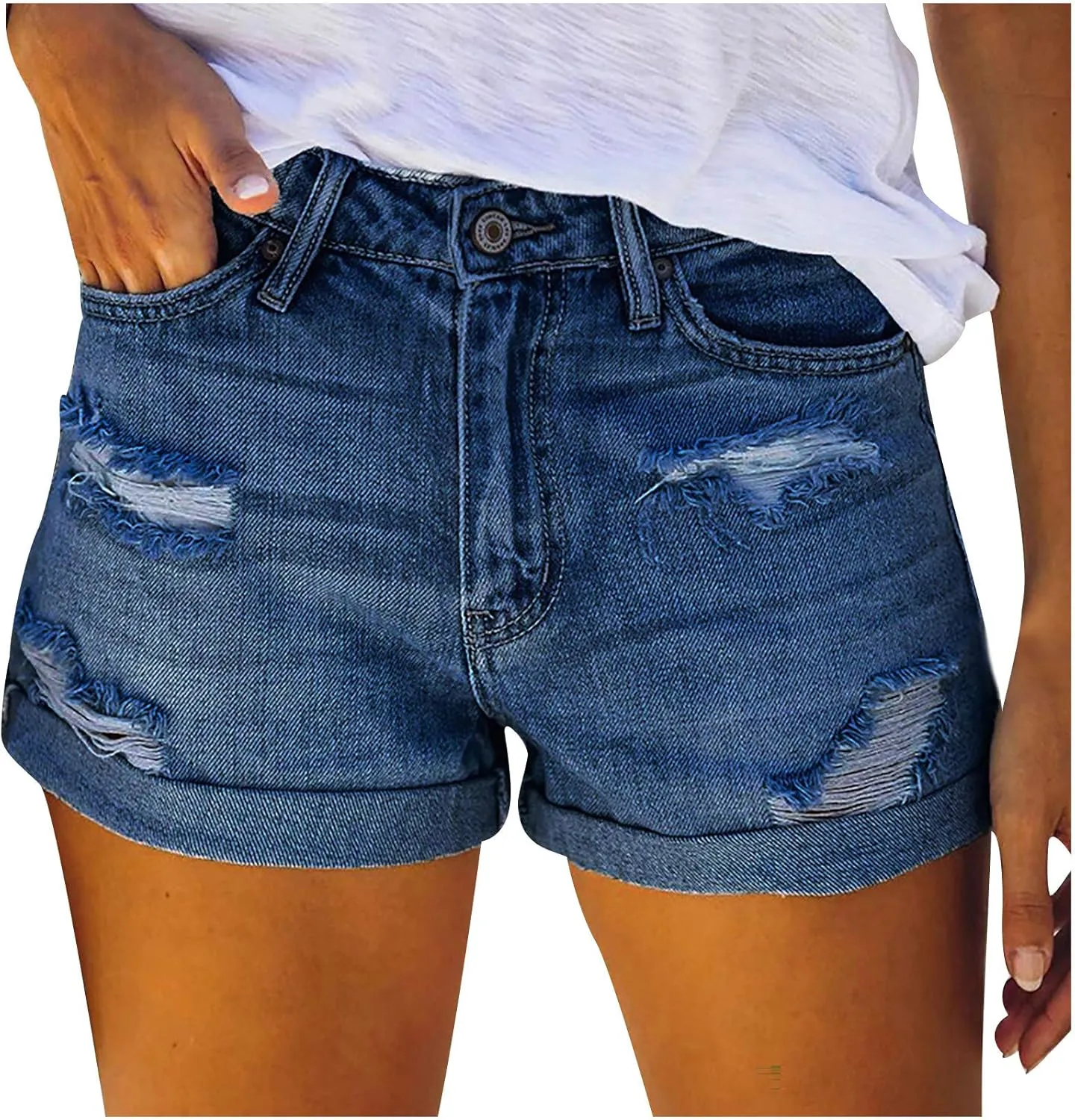 Women High Waisted Distressed Jeans Rolled Hem Ripped Stretch Denim Shorts 5" Inseam Summer Casual Straight Hot Pants