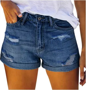 Women High Waisted Distressed Jeans Rolled Hem Ripped Stretch Denim Shorts 5" Inseam Summer Casual Straight Hot Pants