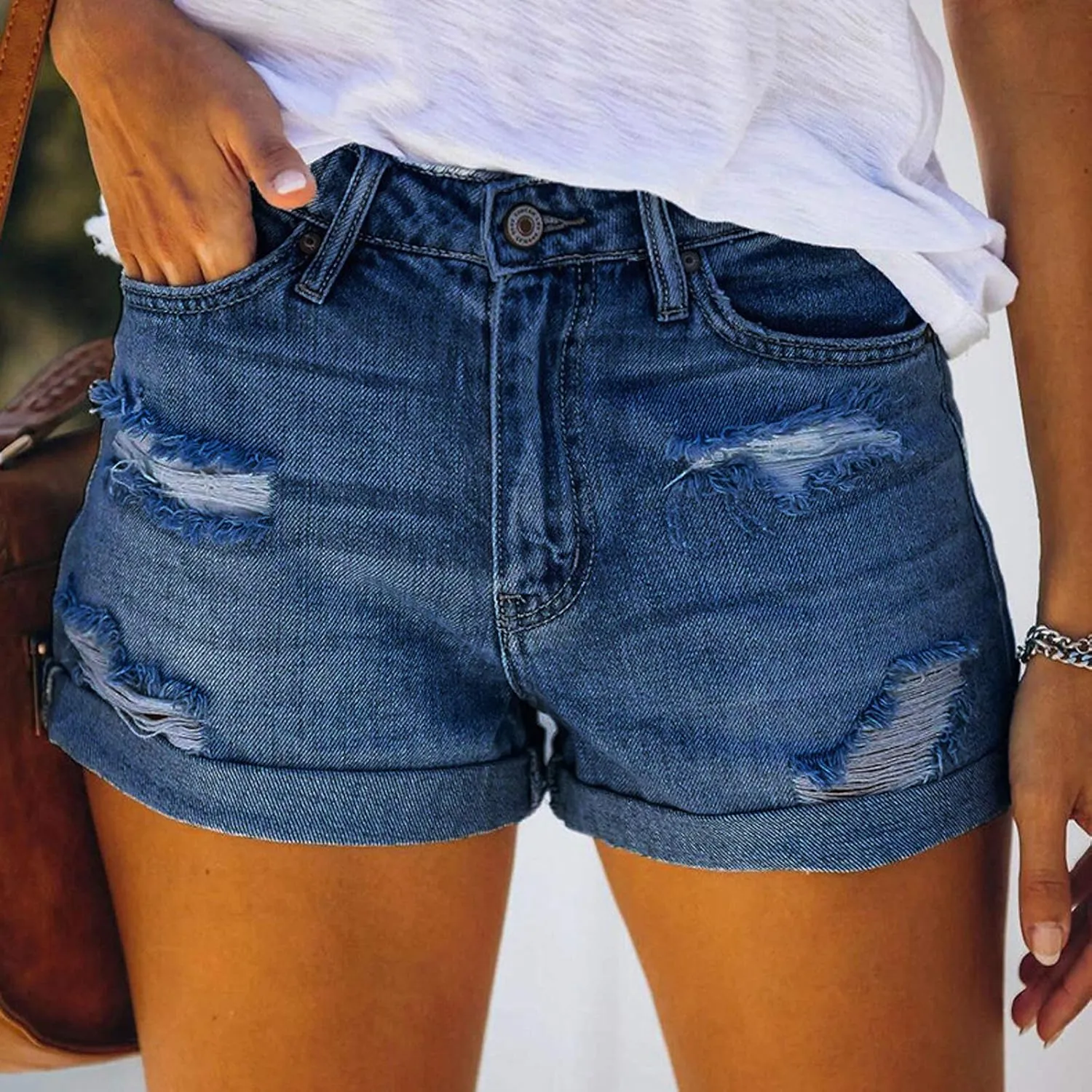 Women High Waisted Distressed Jeans Rolled Hem Ripped Stretch Denim Shorts 5" Inseam Summer Casual Straight Hot Pants