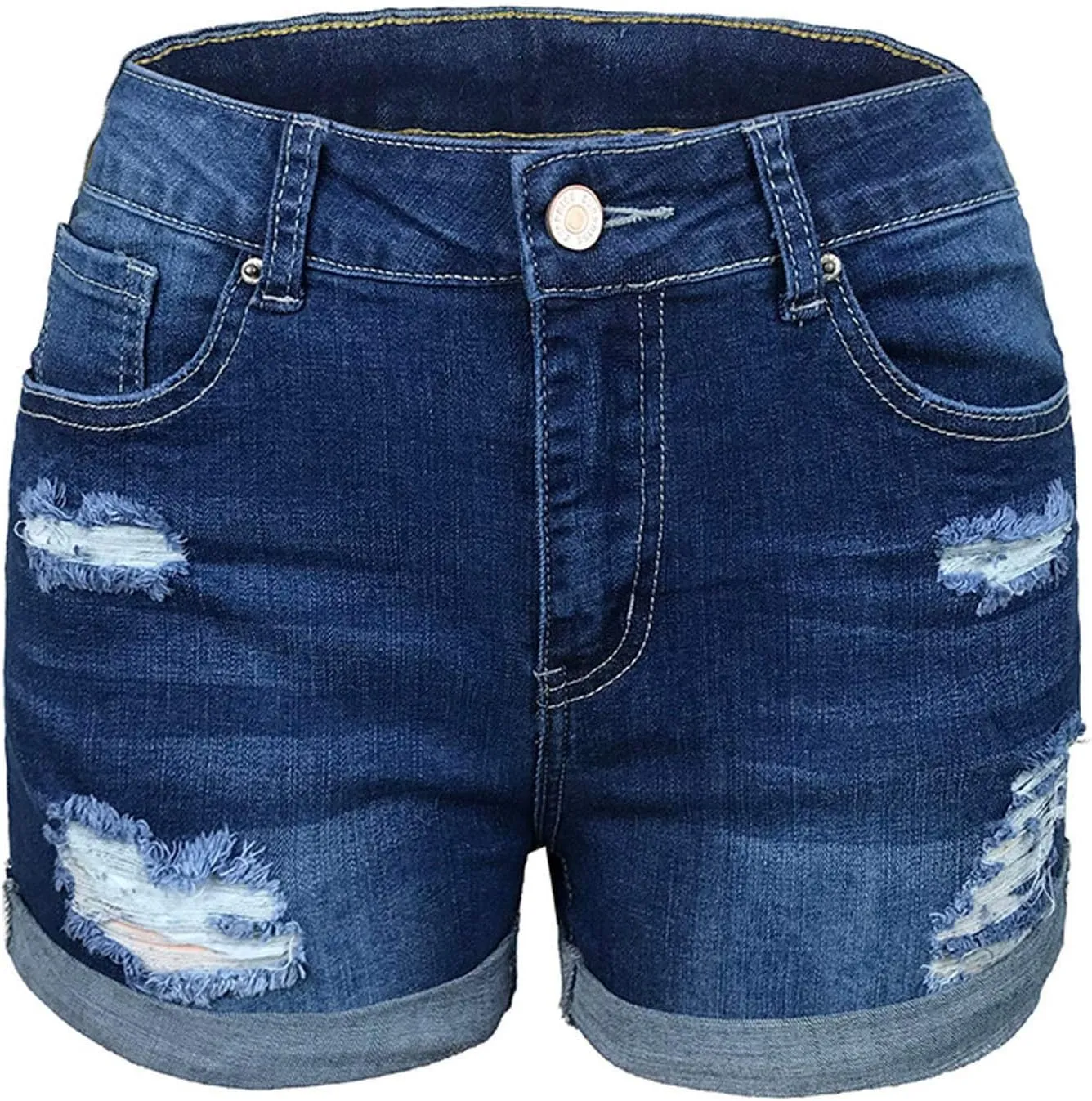 Women High Waisted Distressed Jeans Rolled Hem Ripped Stretch Denim Shorts 5" Inseam Summer Casual Straight Hot Pants