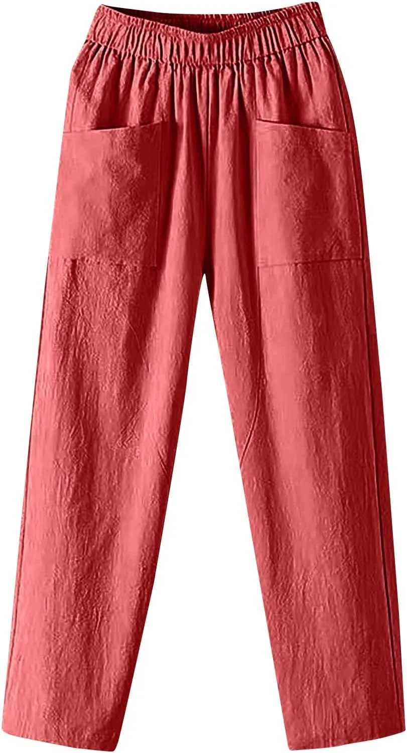 Women Linen Pants Straight Leg High Waisted Cropped Pants Capris Summer Pants Beach Trouser with Pockets