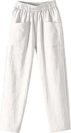 Women Linen Pants Straight Leg High Waisted Cropped Pants Capris Summer Pants Beach Trouser with Pockets