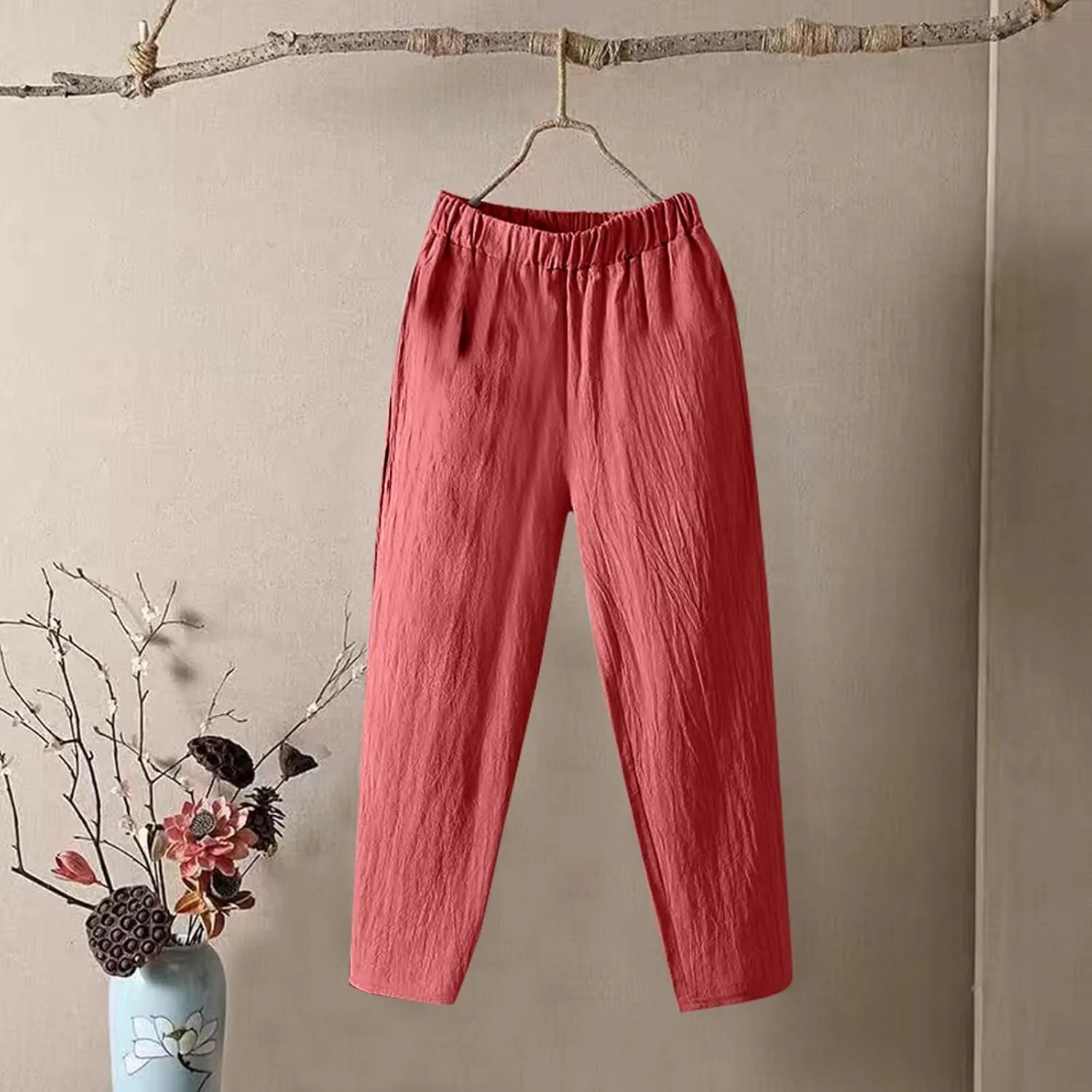 Women Linen Pants Straight Leg High Waisted Cropped Pants Capris Summer Pants Beach Trouser with Pockets