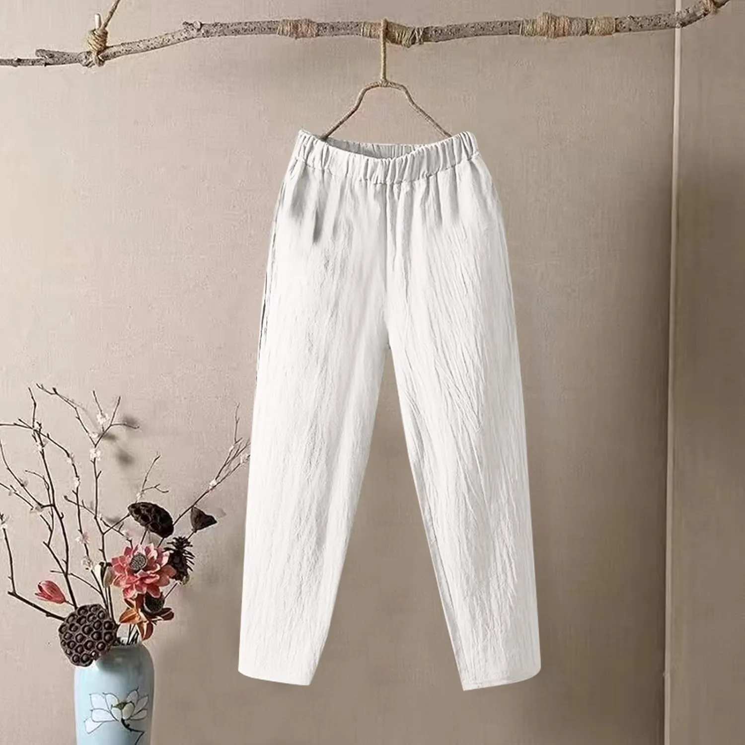 Women Linen Pants Straight Leg High Waisted Cropped Pants Capris Summer Pants Beach Trouser with Pockets