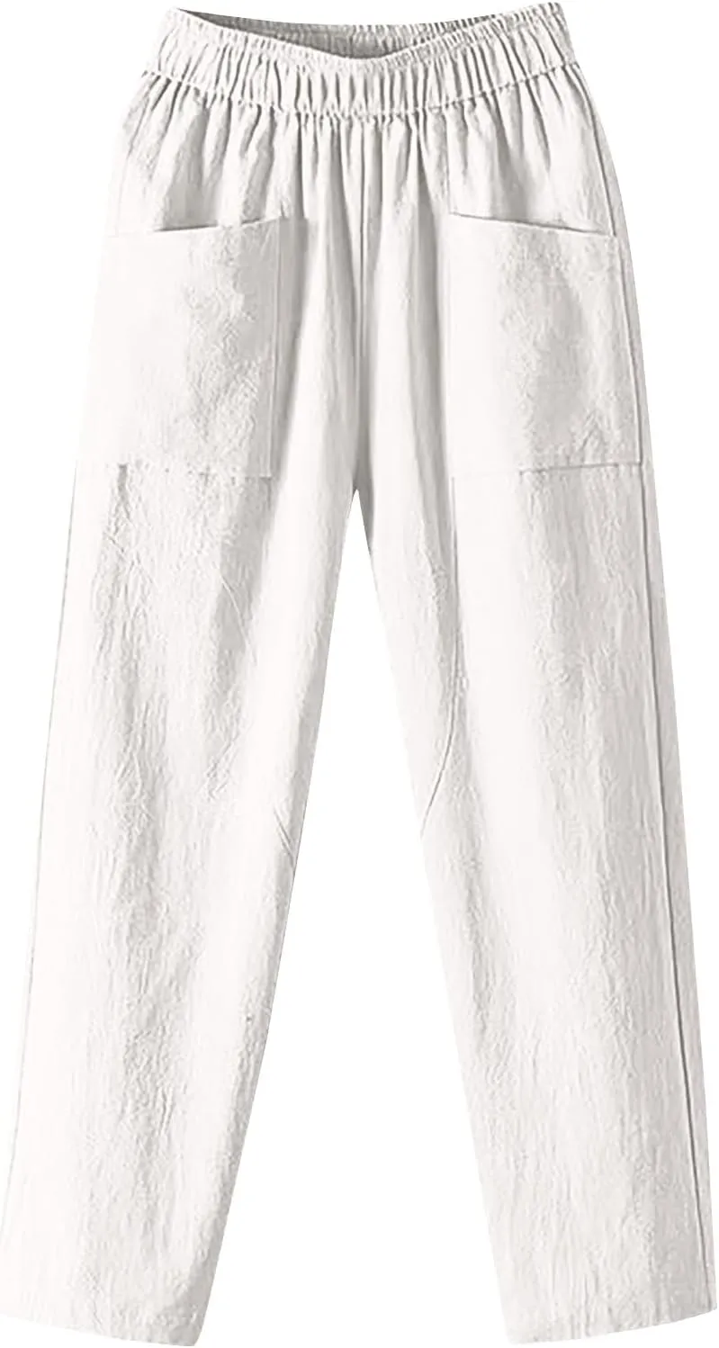 Women Linen Pants Straight Leg High Waisted Cropped Pants Capris Summer Pants Beach Trouser with Pockets