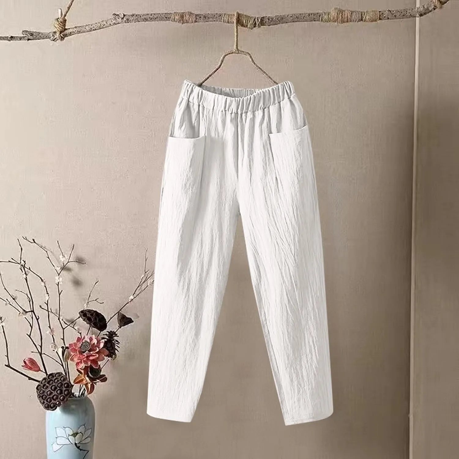 Women Linen Pants Straight Leg High Waisted Cropped Pants Capris Summer Pants Beach Trouser with Pockets