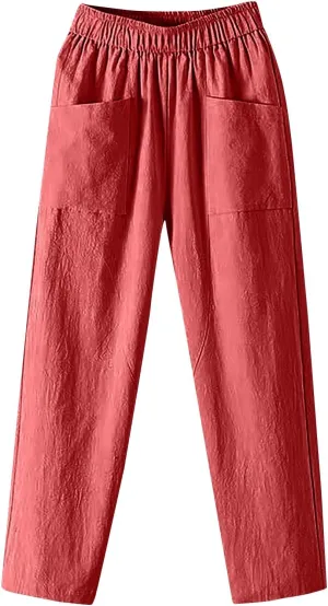 Women Linen Pants Straight Leg High Waisted Cropped Pants Capris Summer Pants Beach Trouser with Pockets