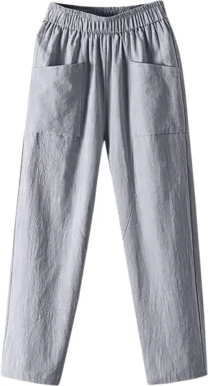 Women Linen Pants Straight Leg High Waisted Cropped Pants Capris Summer Pants Beach Trouser with Pockets