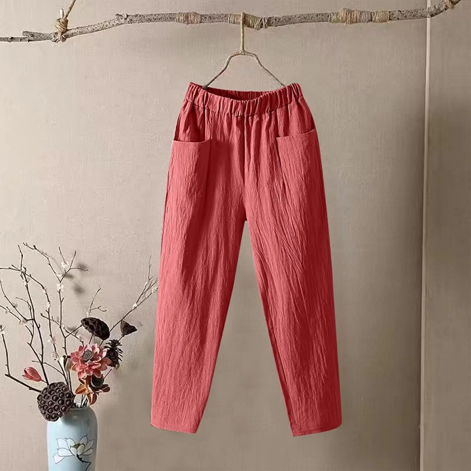 Women Linen Pants Straight Leg High Waisted Cropped Pants Capris Summer Pants Beach Trouser with Pockets