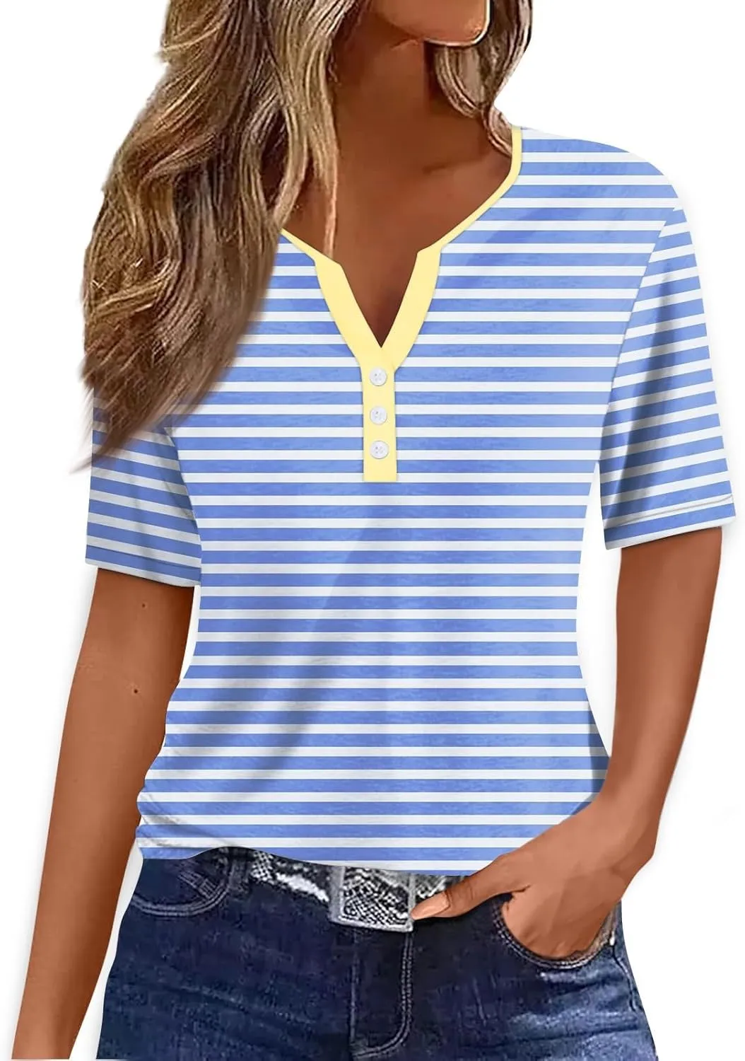Women Striped Henley T Shirts Button V Neck Casual Summer Tops Comfy Fitted Tunics Short Sleeve Blouses 2025 New