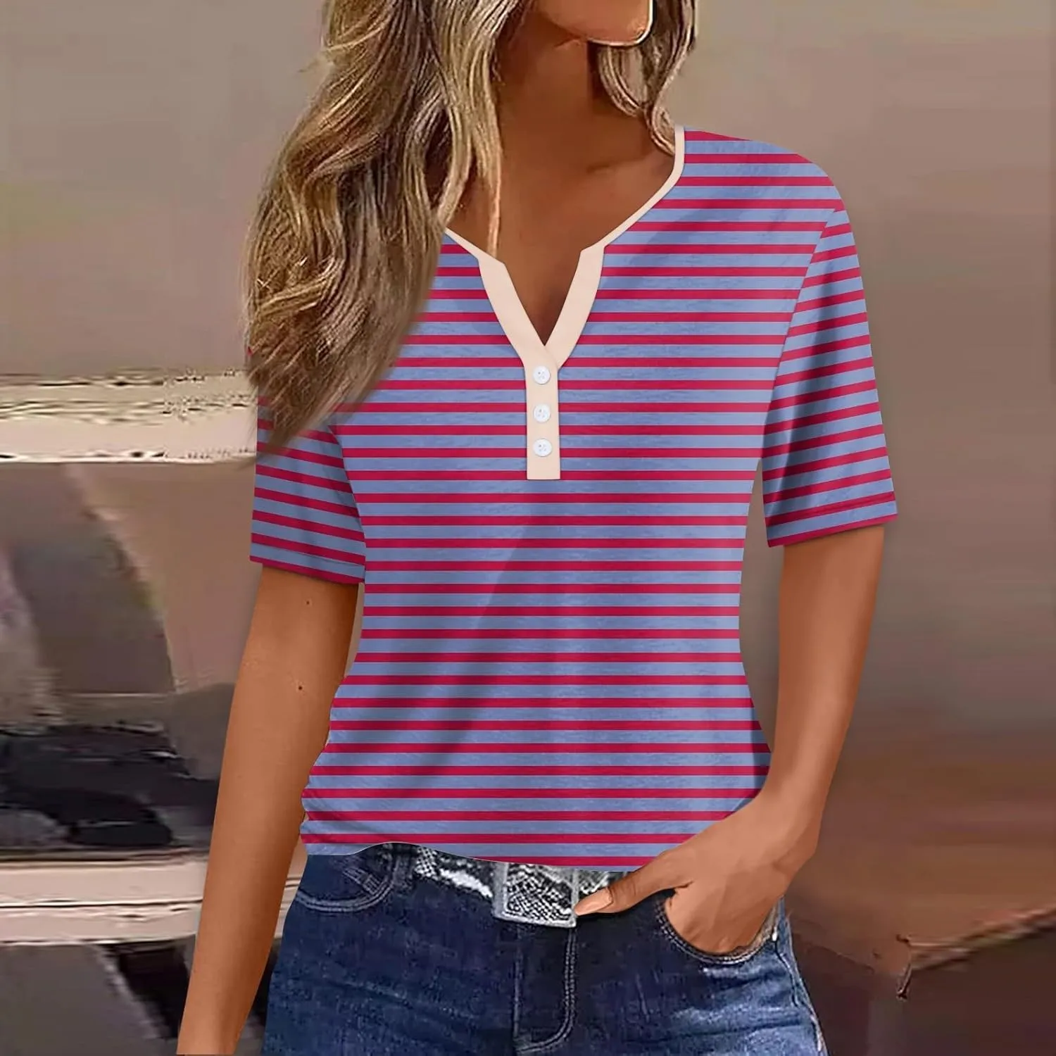 Women Striped Henley T Shirts Button V Neck Casual Summer Tops Comfy Fitted Tunics Short Sleeve Blouses 2025 New