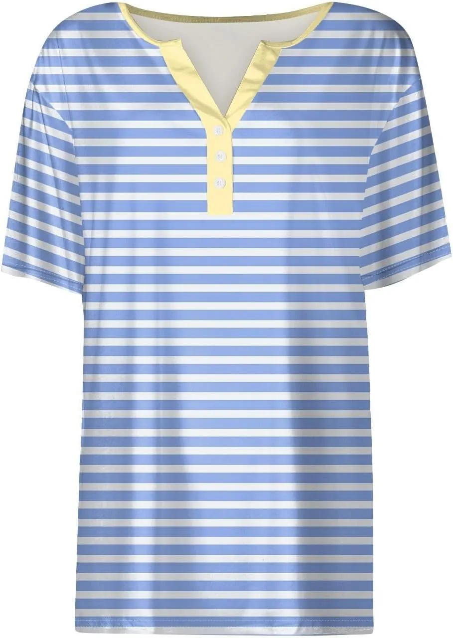 Women Striped Henley T Shirts Button V Neck Casual Summer Tops Comfy Fitted Tunics Short Sleeve Blouses 2025 New
