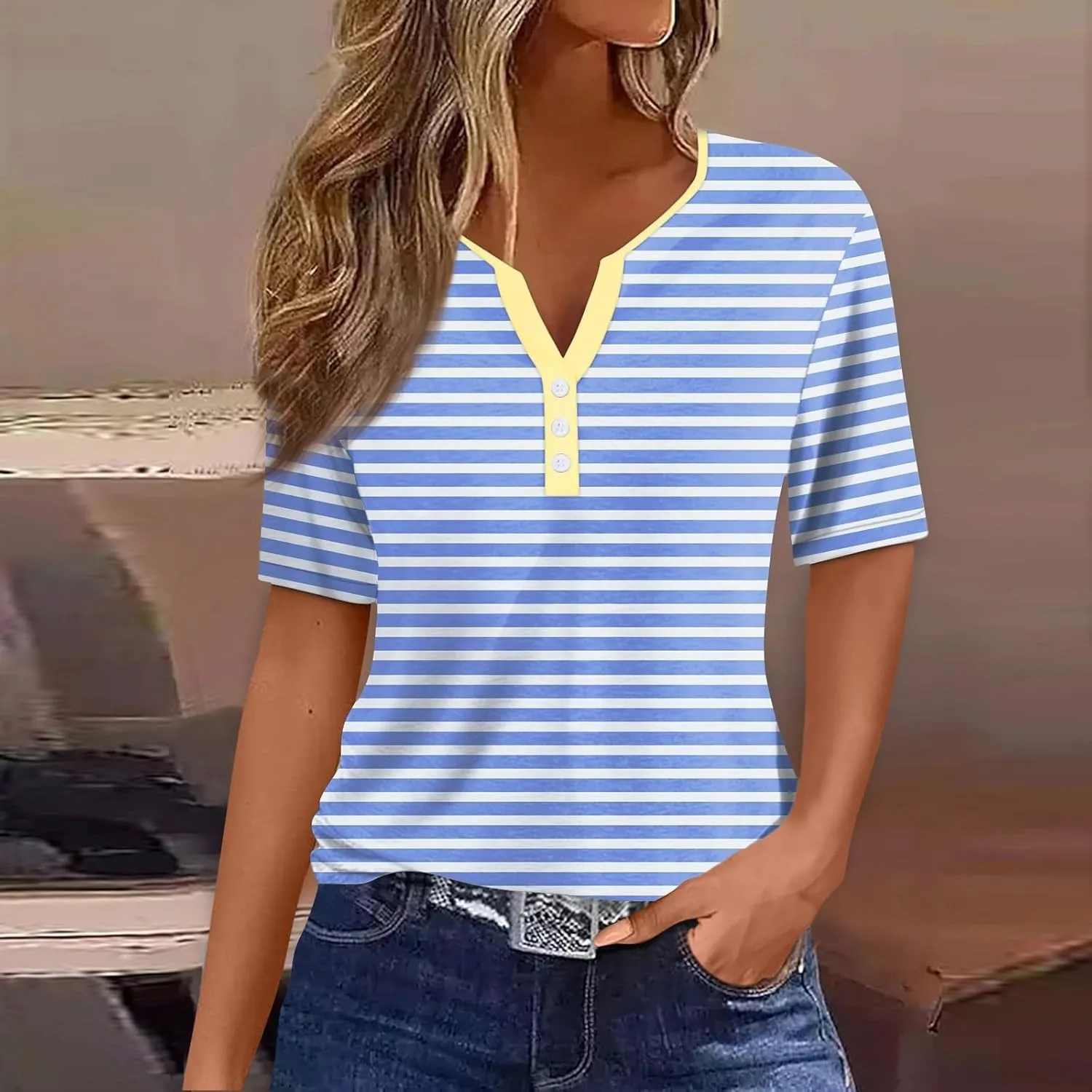Women Striped Henley T Shirts Button V Neck Casual Summer Tops Comfy Fitted Tunics Short Sleeve Blouses 2025 New