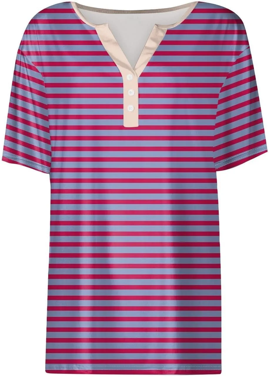 Women Striped Henley T Shirts Button V Neck Casual Summer Tops Comfy Fitted Tunics Short Sleeve Blouses 2025 New
