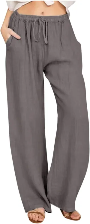 Women Trendy Linen Pants 2024 Wide Leg Causal Pants Flowy Palazzo Pants Boho Summer Vacation Outfits with Pockets