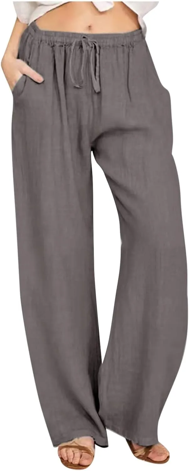Women Trendy Linen Pants 2024 Wide Leg Causal Pants Flowy Palazzo Pants Boho Summer Vacation Outfits with Pockets
