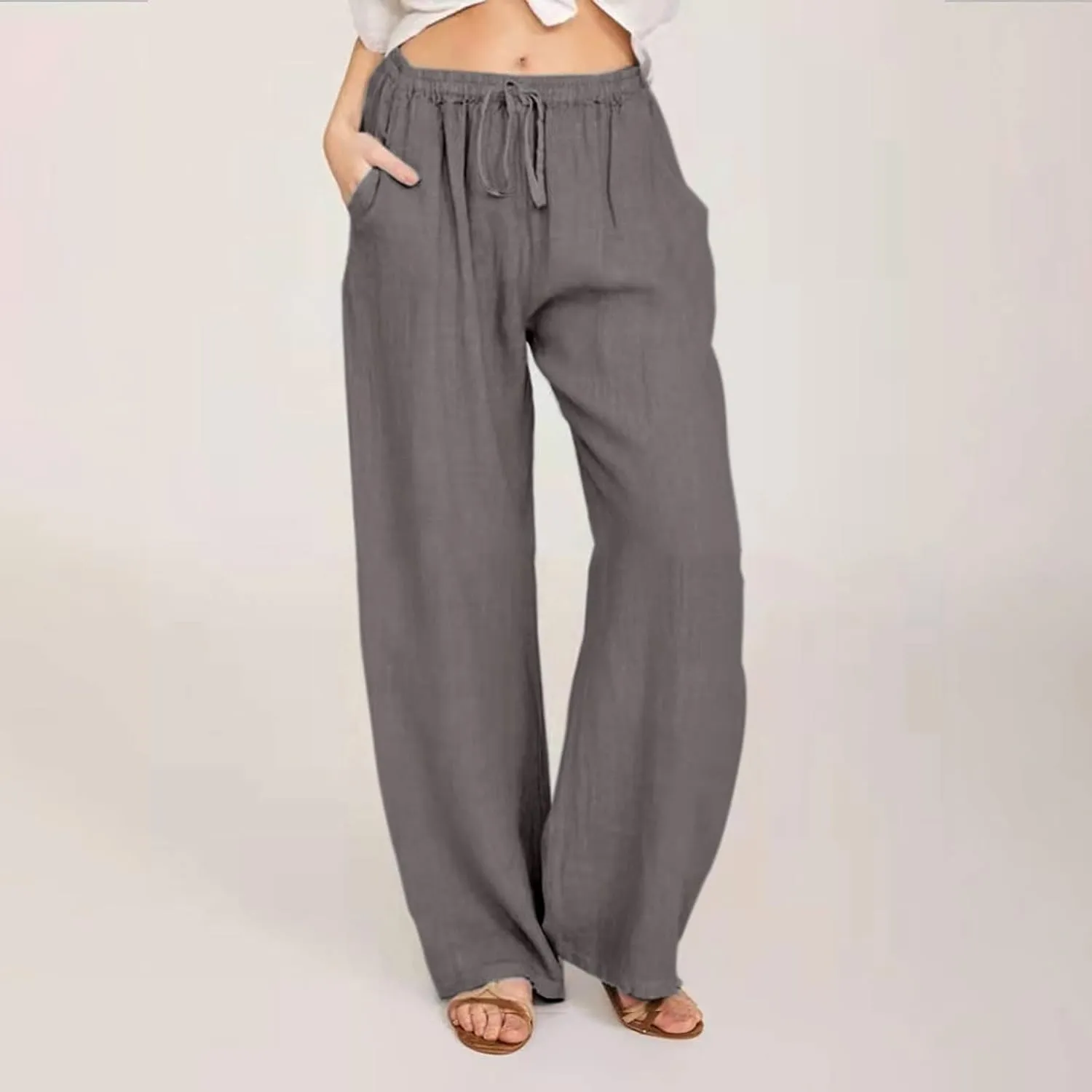 Women Trendy Linen Pants 2024 Wide Leg Causal Pants Flowy Palazzo Pants Boho Summer Vacation Outfits with Pockets