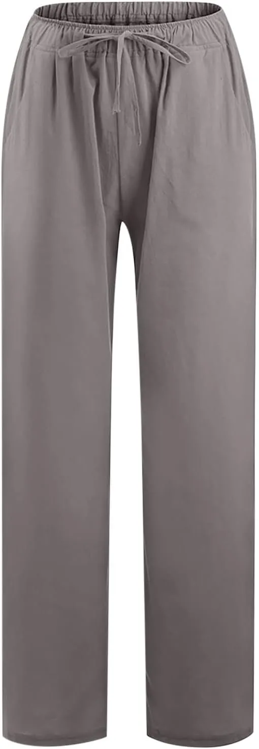 Women Trendy Linen Pants 2024 Wide Leg Causal Pants Flowy Palazzo Pants Boho Summer Vacation Outfits with Pockets