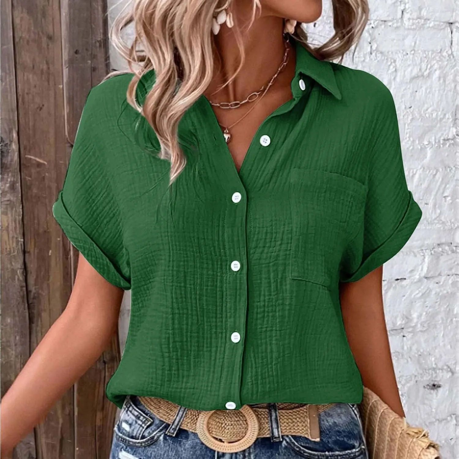 Womens Button Down Linen Shirt Short Batwing Sleeve Cotton Blouse Summer Loose Fit Beach Tops with Patched Pocket