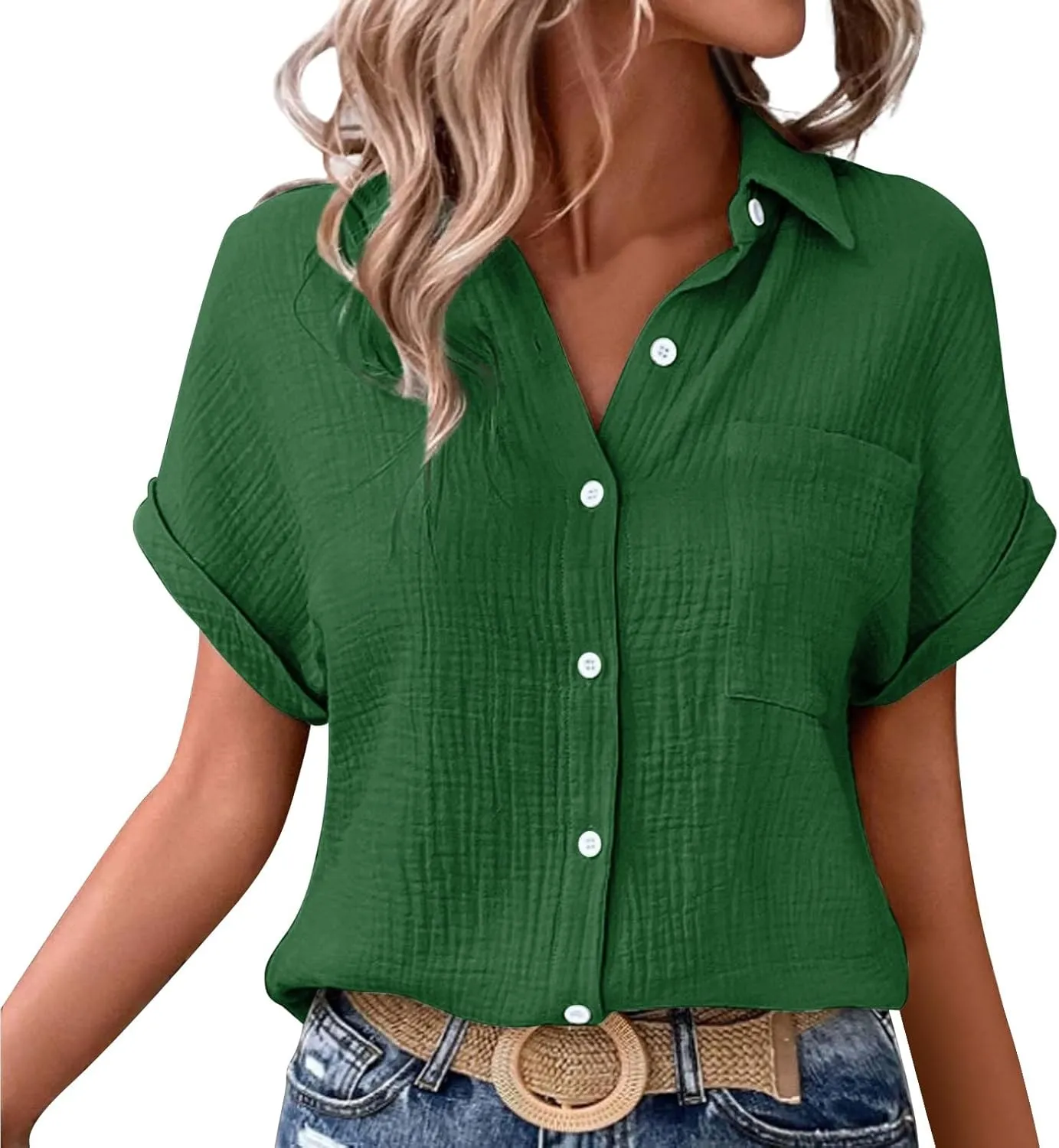 Womens Button Down Linen Shirt Short Batwing Sleeve Cotton Blouse Summer Loose Fit Beach Tops with Patched Pocket