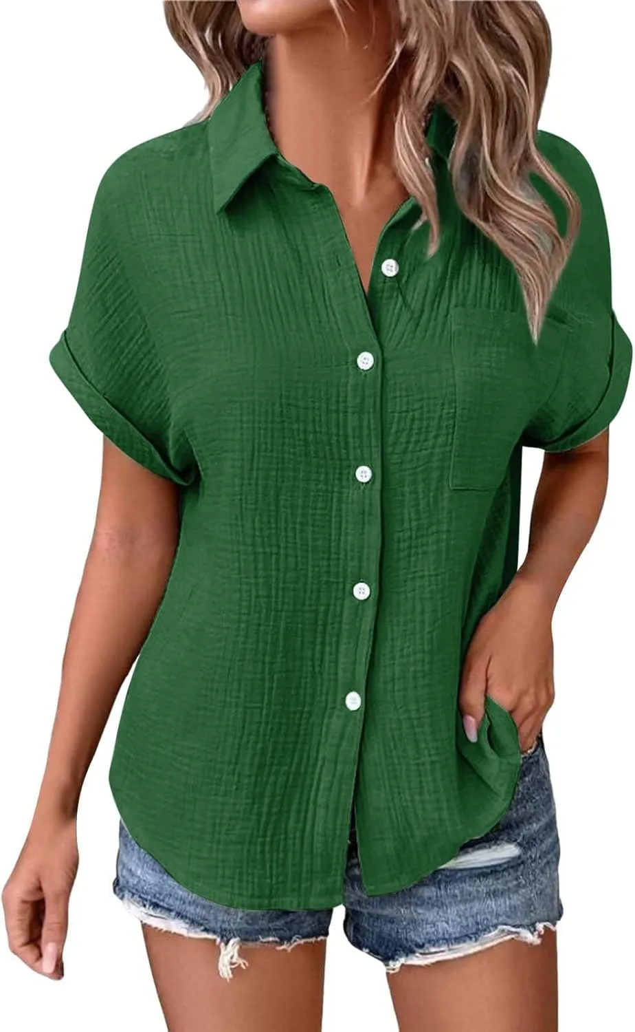 Womens Button Down Linen Shirt Short Batwing Sleeve Cotton Blouse Summer Loose Fit Beach Tops with Patched Pocket