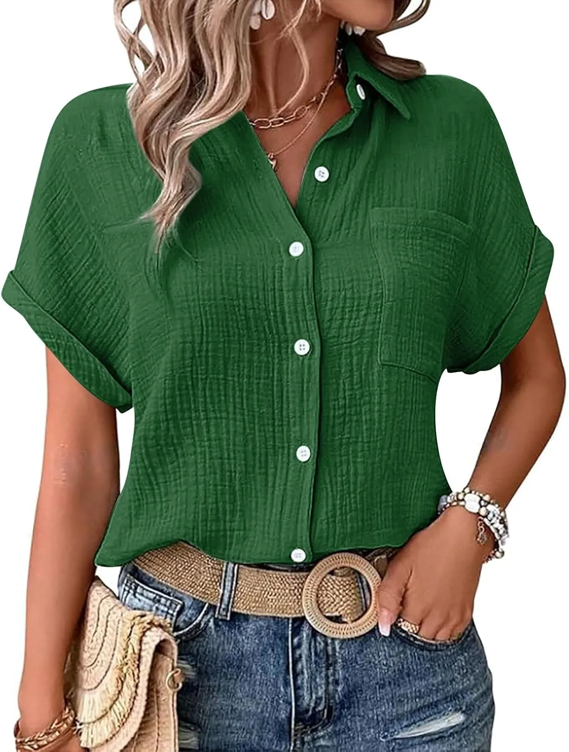 Womens Button Down Linen Shirt Short Batwing Sleeve Cotton Blouse Summer Loose Fit Beach Tops with Patched Pocket