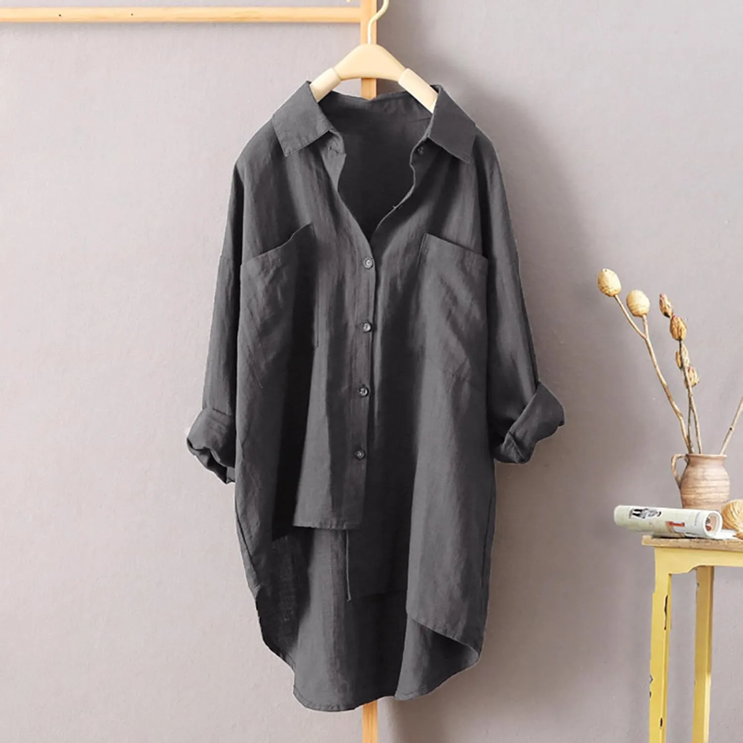 Womens Button Down Shirts Linen Cotton Long Sleeve Blouse Tunic Tops Cover Up Shirt Loose Beach Bikini Dress Plus Size