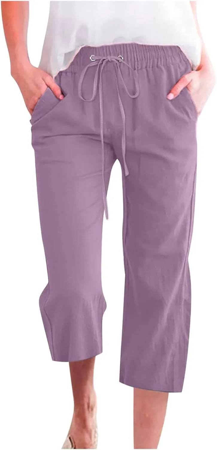 Womens Capris Loose Fit Casual Capri Pants Summer Drawstring Elastic Trousers Comfy Straight Leg with Pockets