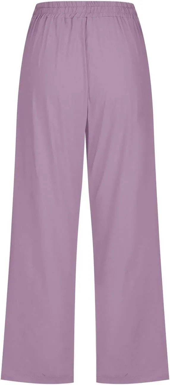 Womens Capris Loose Fit Casual Capri Pants Summer Drawstring Elastic Trousers Comfy Straight Leg with Pockets