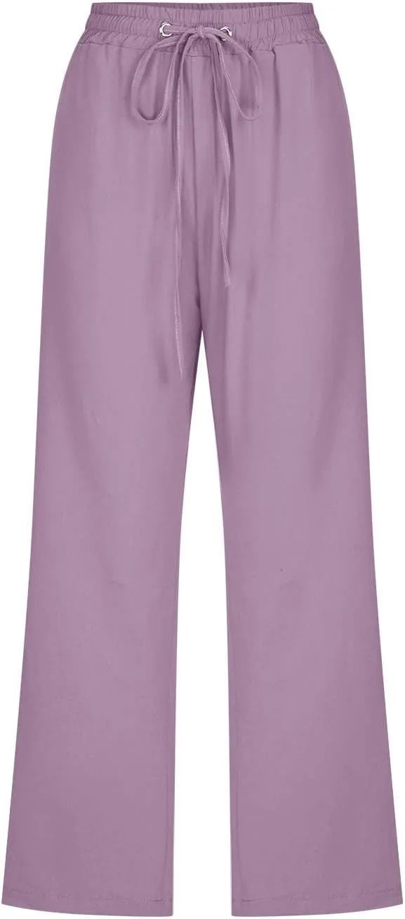 Womens Capris Loose Fit Casual Capri Pants Summer Drawstring Elastic Trousers Comfy Straight Leg with Pockets