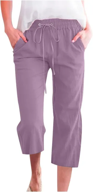 Womens Capris Loose Fit Casual Capri Pants Summer Drawstring Elastic Trousers Comfy Straight Leg with Pockets