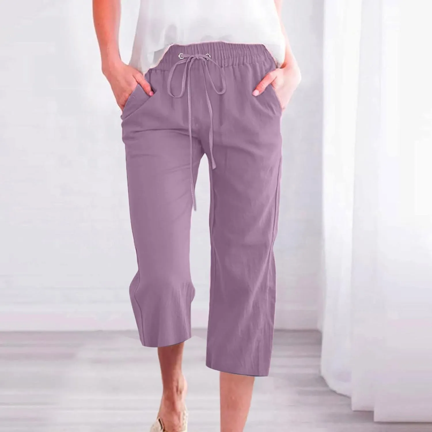 Womens Capris Loose Fit Casual Capri Pants Summer Drawstring Elastic Trousers Comfy Straight Leg with Pockets