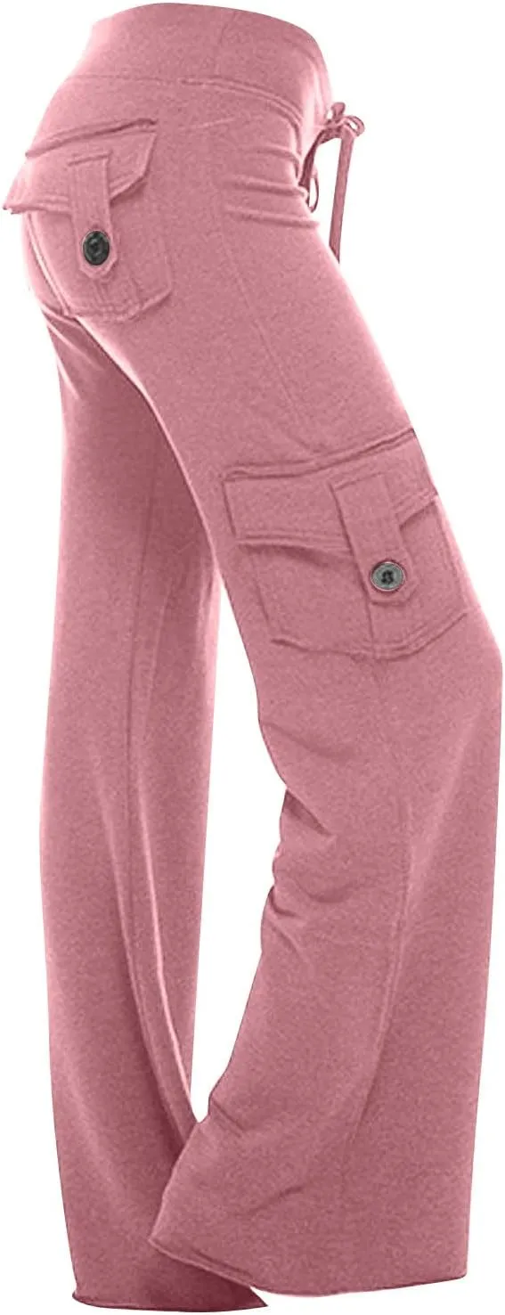Womens Cargo Low Waisted Pants Drawstring Sweatpants Straight Wide Leg Trousers Baggy Casual Streetwear with Pockets