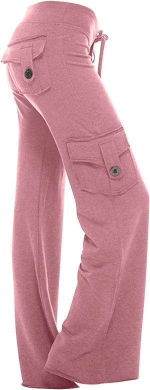 Womens Cargo Low Waisted Pants Drawstring Sweatpants Straight Wide Leg Trousers Baggy Casual Streetwear with Pockets
