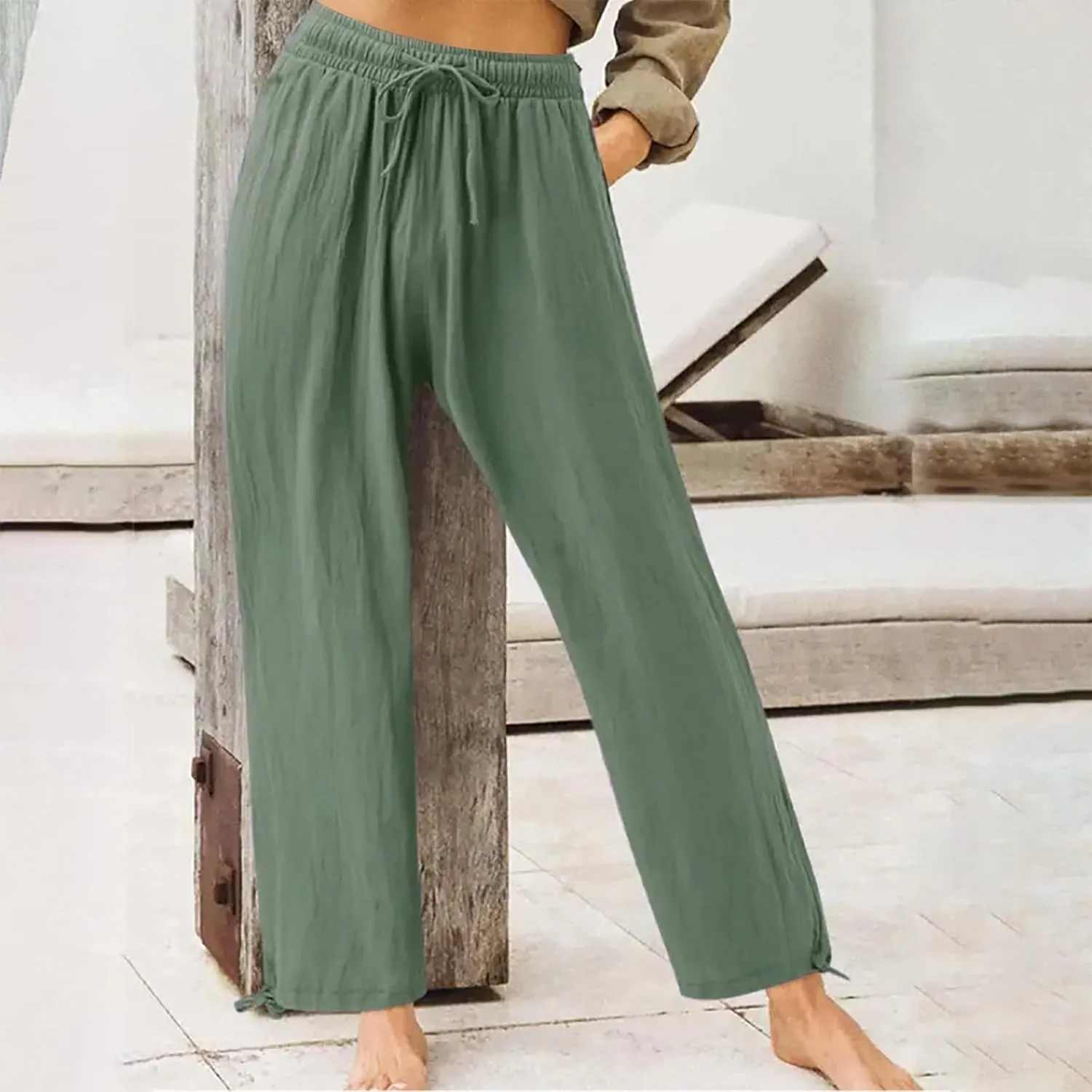 Women's Casual Cotton Linen Pants Summer Straight Wide Leg Palazzo Lounge Pants Drawstring Trousers with Pockets