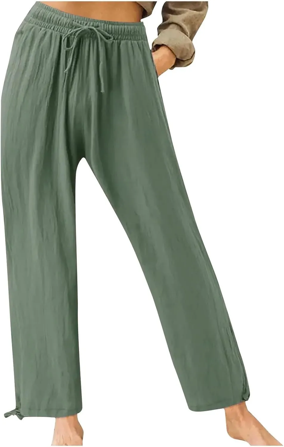 Women's Casual Cotton Linen Pants Summer Straight Wide Leg Palazzo Lounge Pants Drawstring Trousers with Pockets