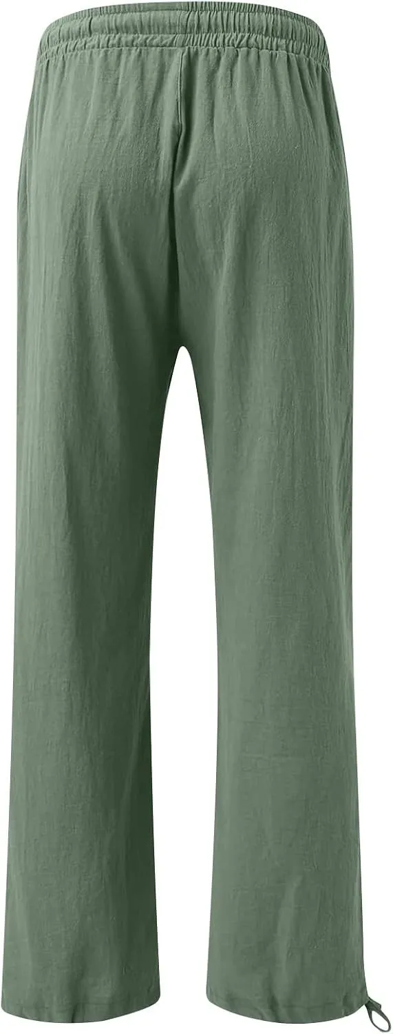 Women's Casual Cotton Linen Pants Summer Straight Wide Leg Palazzo Lounge Pants Drawstring Trousers with Pockets
