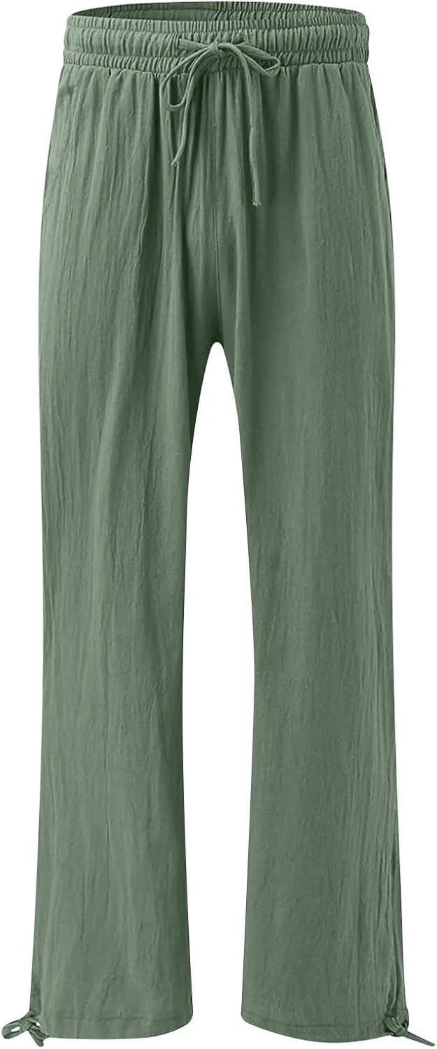Women's Casual Cotton Linen Pants Summer Straight Wide Leg Palazzo Lounge Pants Drawstring Trousers with Pockets