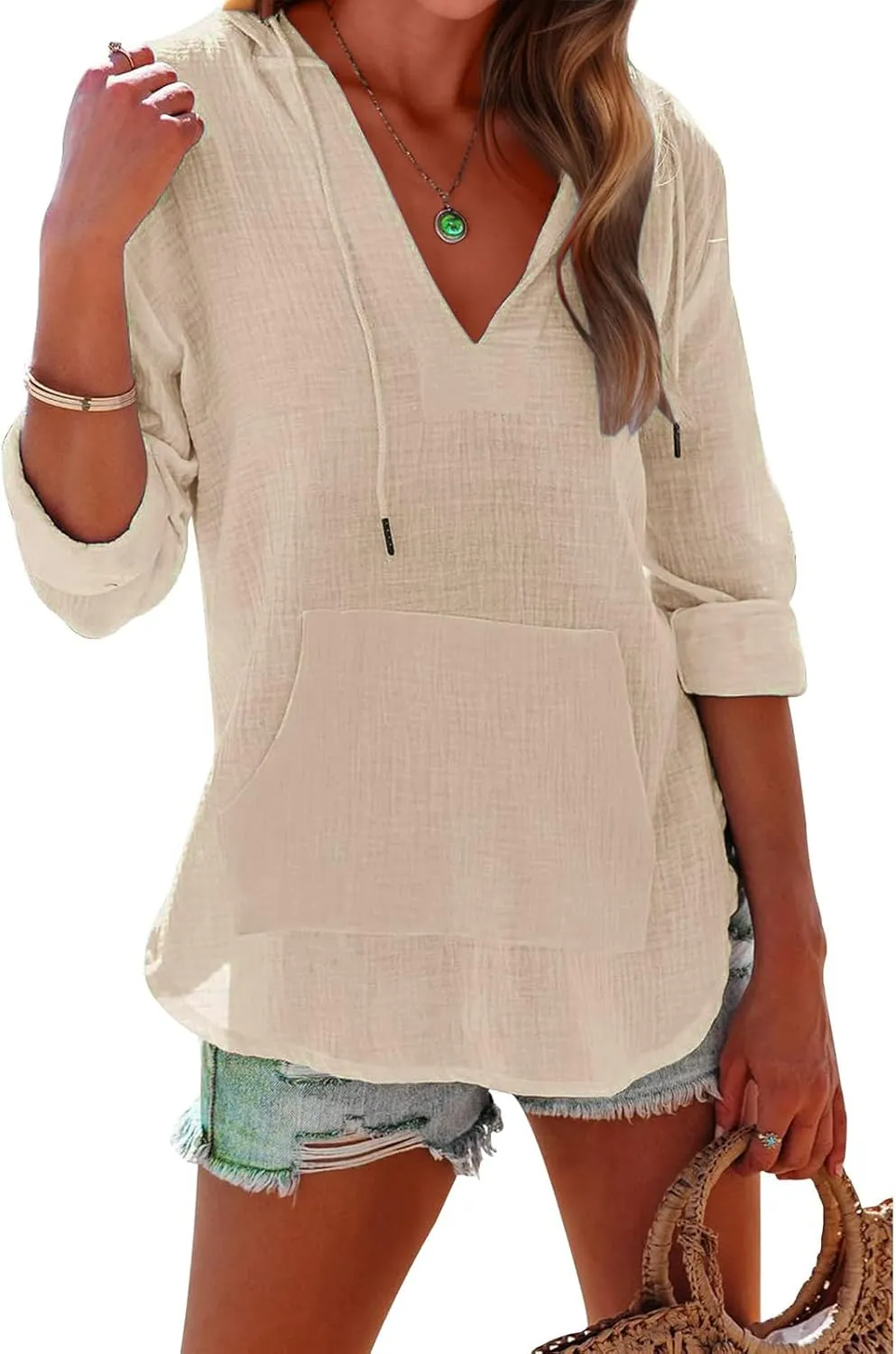 Women's Casual Lightweight Hoodies Linen Long Sleeve V Neck Pullover Sweatshirts Loose Fit Drawstring Tops Beachwear
