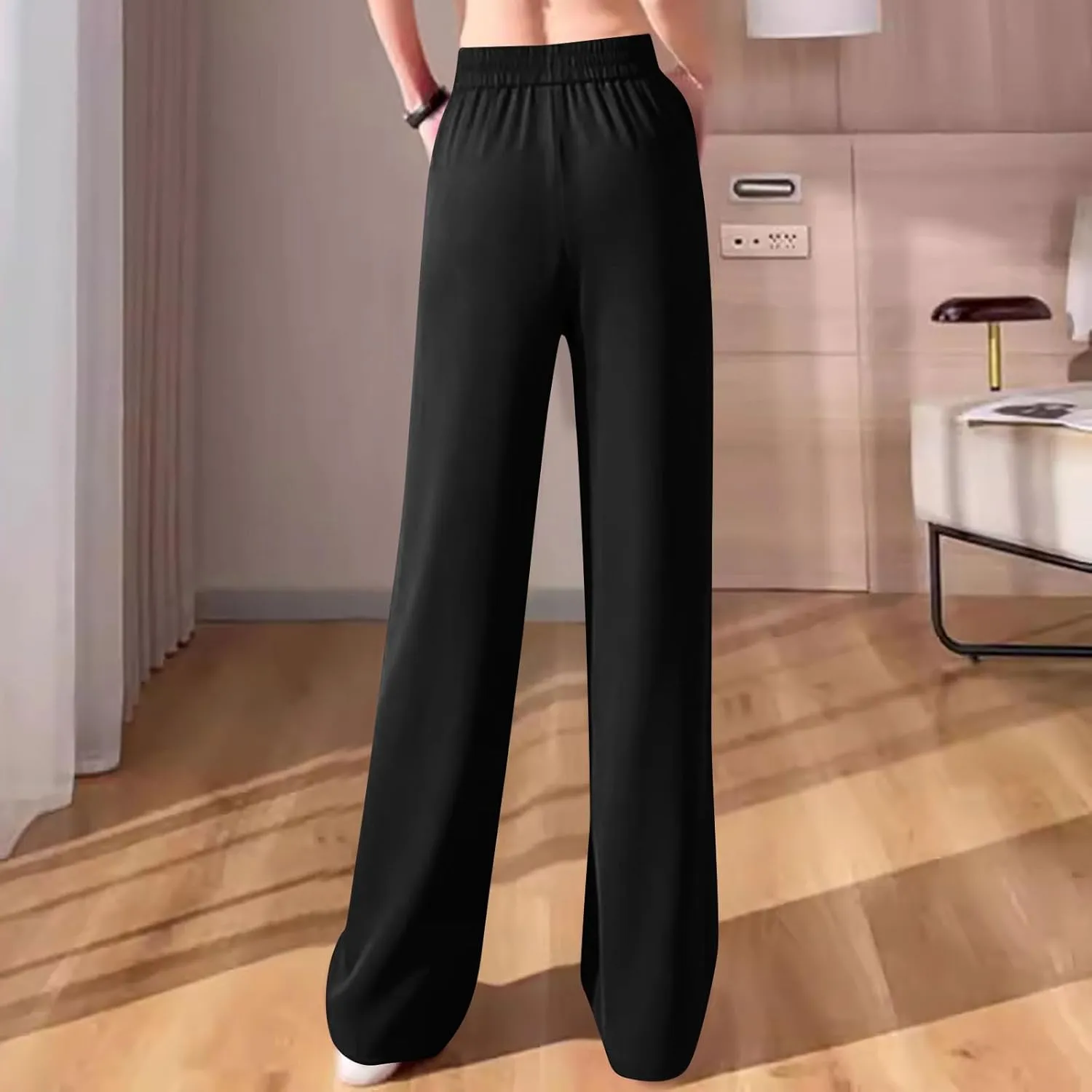 Women's Casual Wide Leg Pants Pleated Elastic High Waist Loose Straight Leg Lounge Workout Yoga Trousers with Pockets