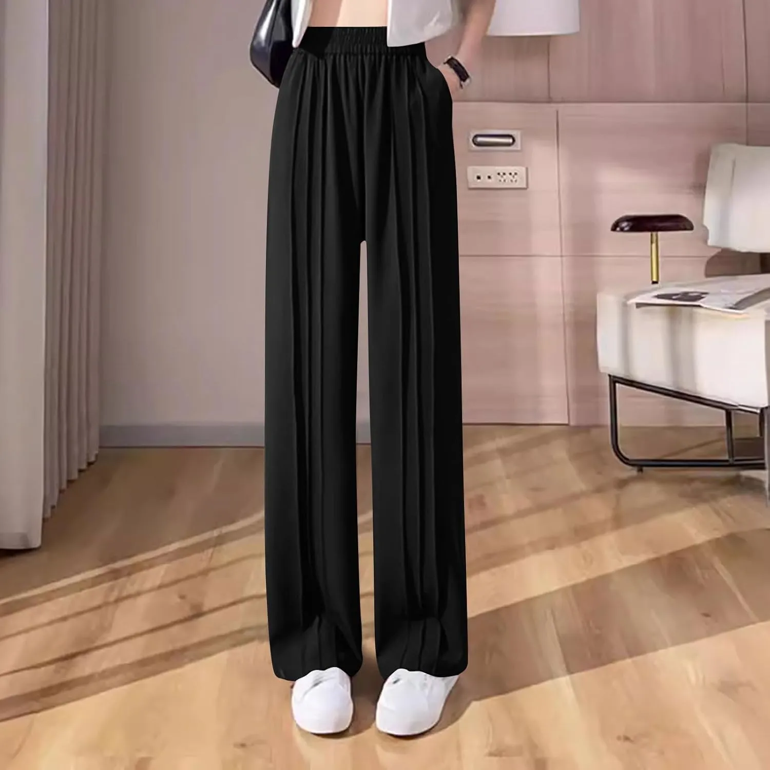 Women's Casual Wide Leg Pants Pleated Elastic High Waist Loose Straight Leg Lounge Workout Yoga Trousers with Pockets