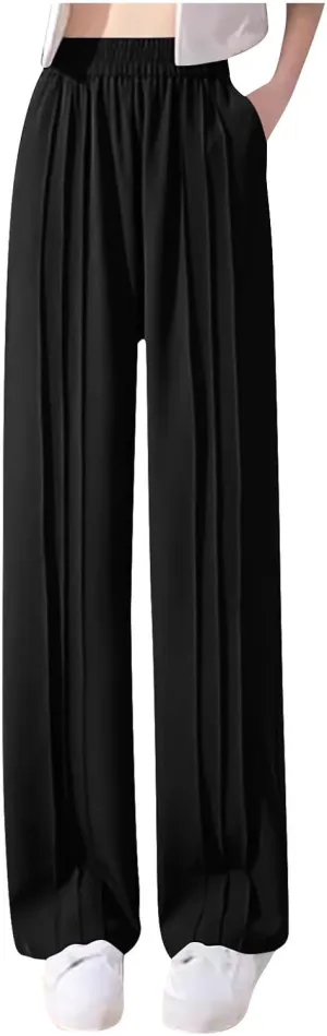 Women's Casual Wide Leg Pants Pleated Elastic High Waist Loose Straight Leg Lounge Workout Yoga Trousers with Pockets
