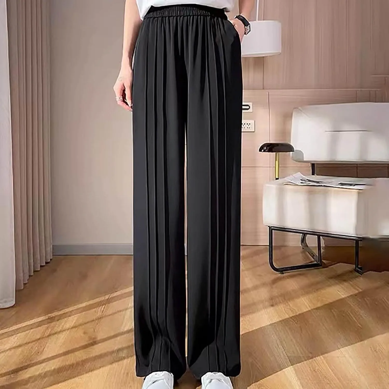 Women's Casual Wide Leg Pants Pleated Elastic High Waist Loose Straight Leg Lounge Workout Yoga Trousers with Pockets