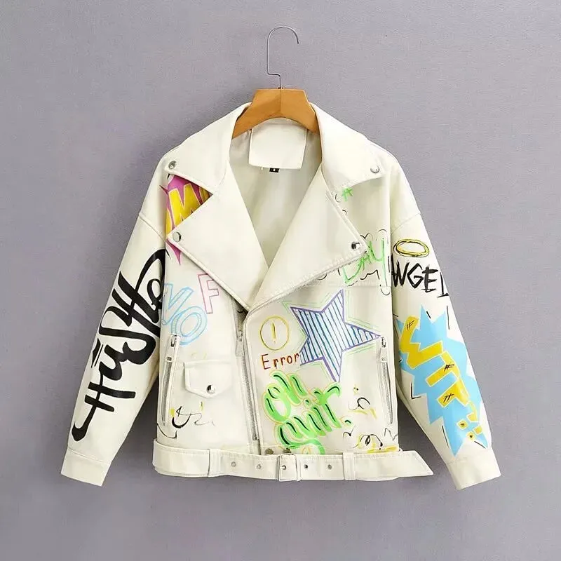 Women's Colorful Print Graffiti Punk Coats Cropped Faux Leather Jacket