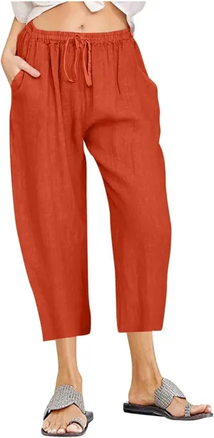 Womens Cotton Linen Capri Pants 2025 Summer Drawstring Elastic High Waist Pant Wide Leg Trouser Beach Cropped Pants