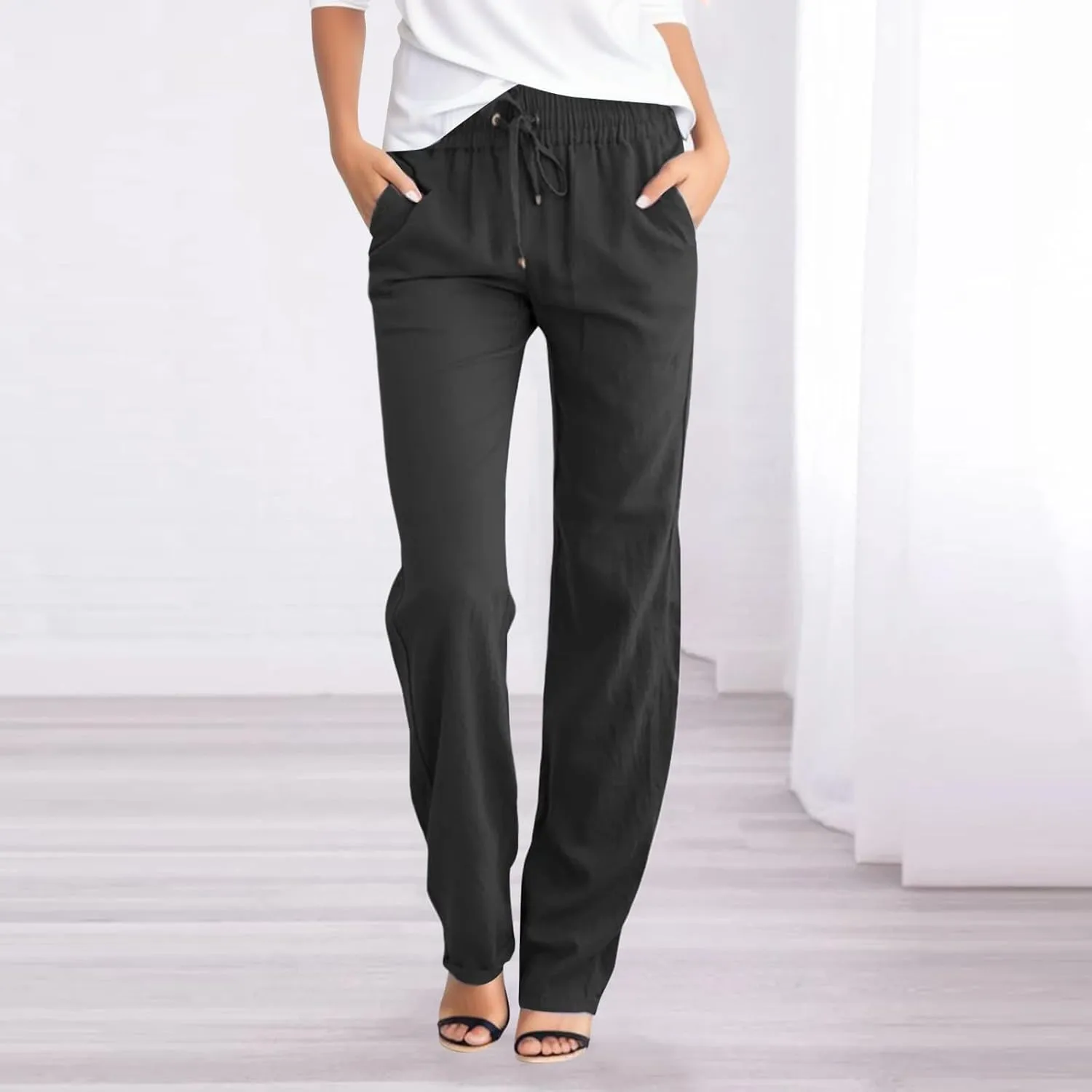 Womens Cotton Linen Casual Pants Straight Leg Drawstring Elastic High Waist Loose Comfy Palazzo Trousers with Pockets