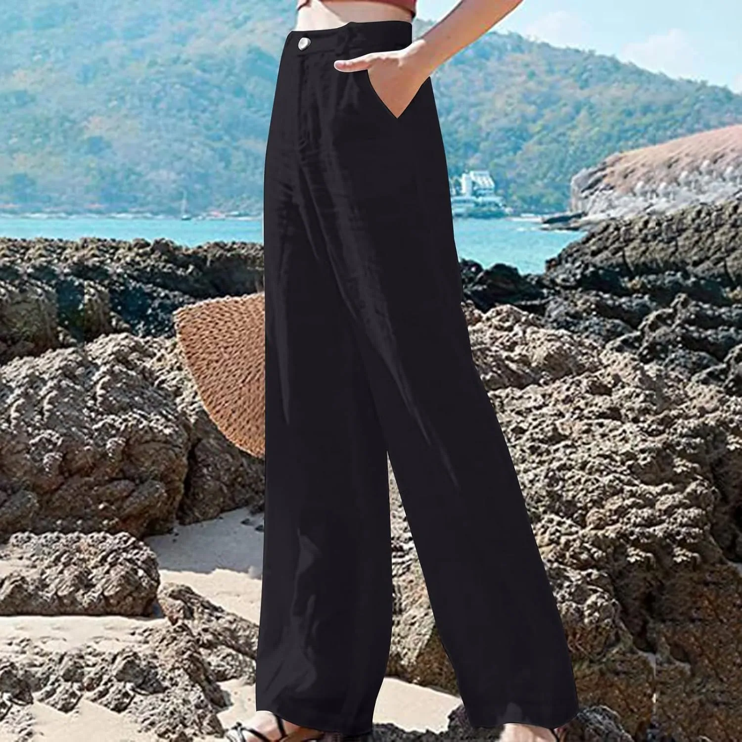 Women's Cotton Linen Pants High Waisted Sweatpants Wide Leg Straight Slacks Solid Color Casual Joggers Comfy Trousers