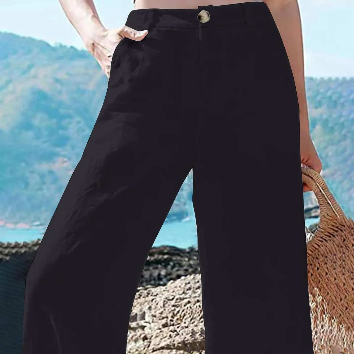 Women's Cotton Linen Pants High Waisted Sweatpants Wide Leg Straight Slacks Solid Color Casual Joggers Comfy Trousers