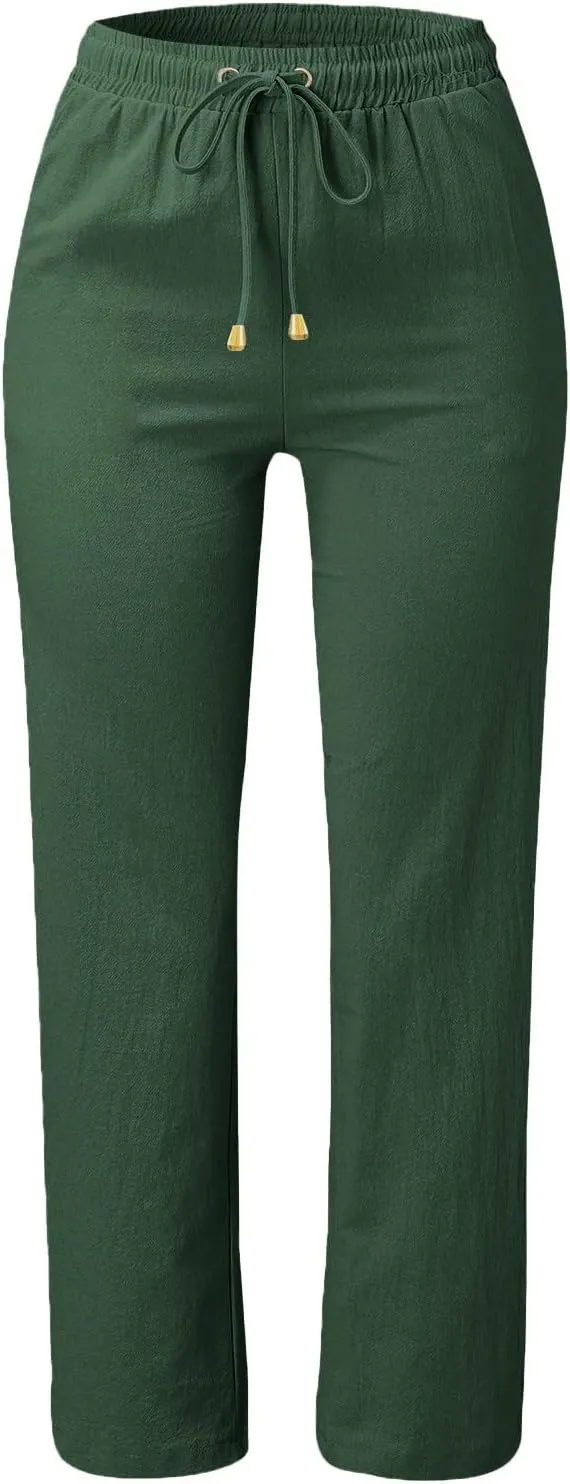 Women's Cotton Linen Straight Leg Pants Casual Summer Loose Sweatpants Tapered Ankle Capris Cropped Beach Trousers